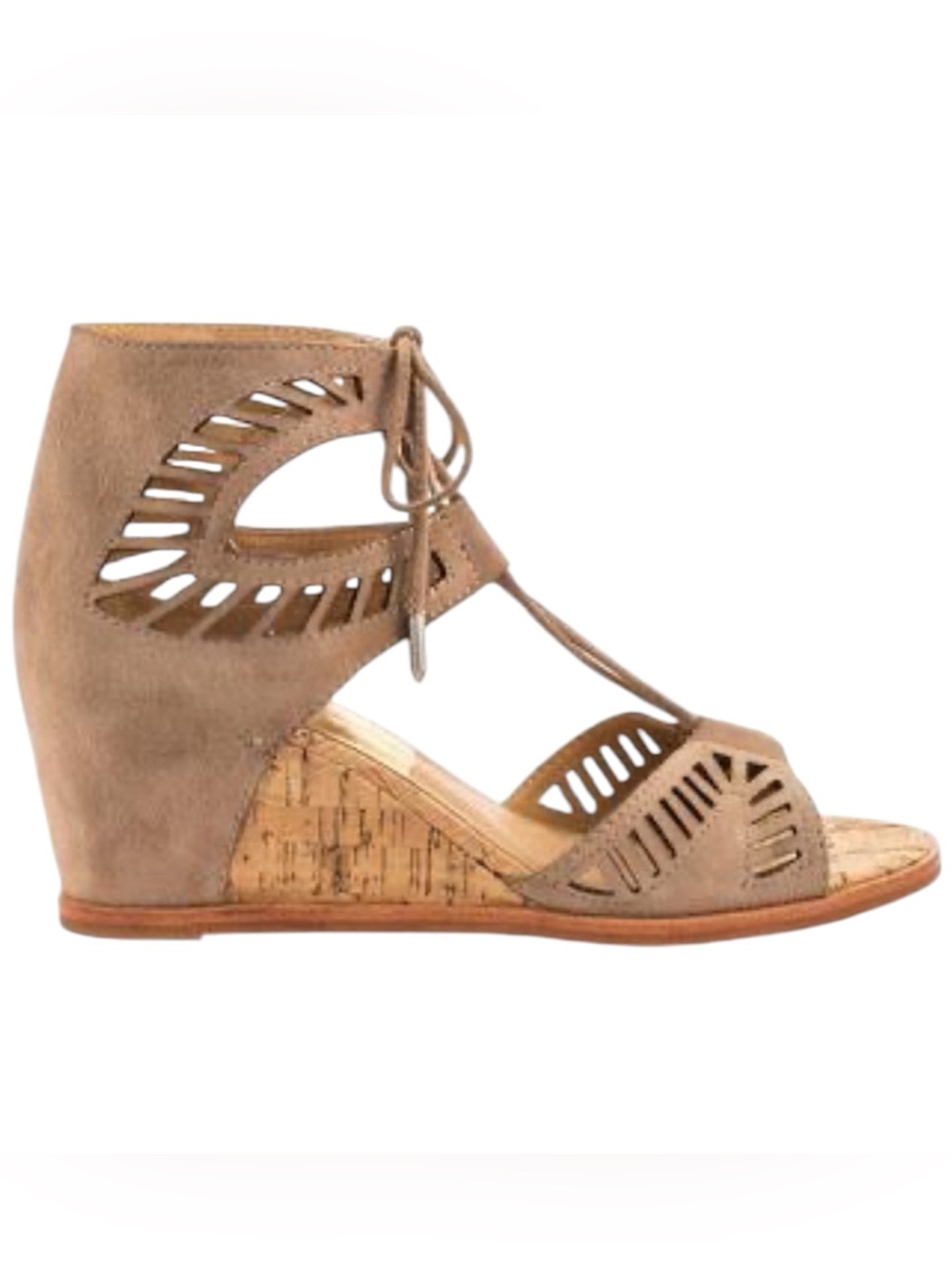 Dolce Vita Lindsey Sandals Taupe / Nude Laser Cutout Lace-Up Cork Wedge Size 7